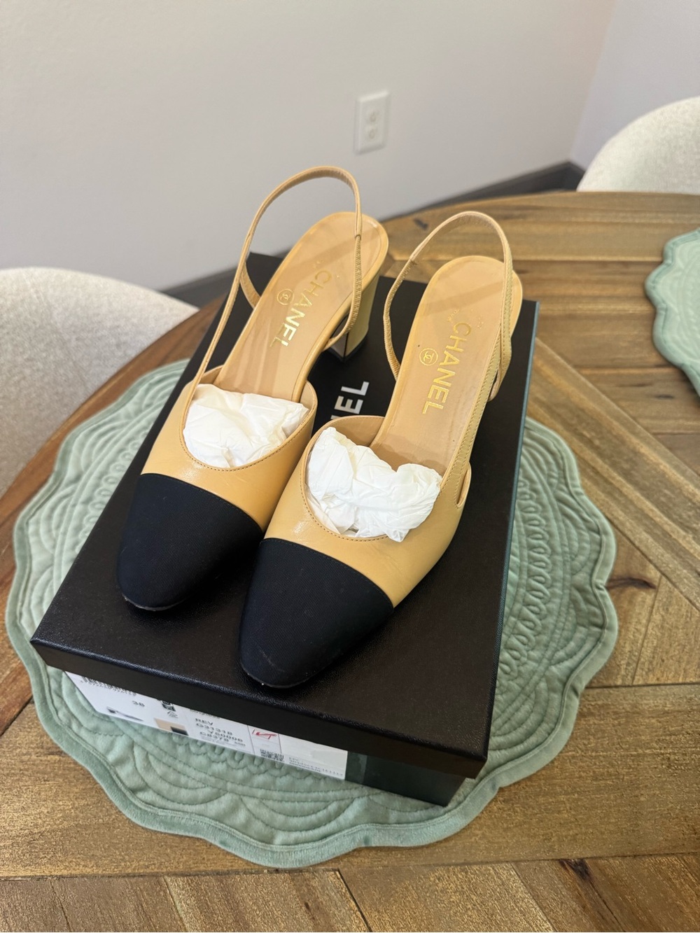 CHANEL Classic Two-Tone Slingback Pumps Beige Black EU 38 G31318
